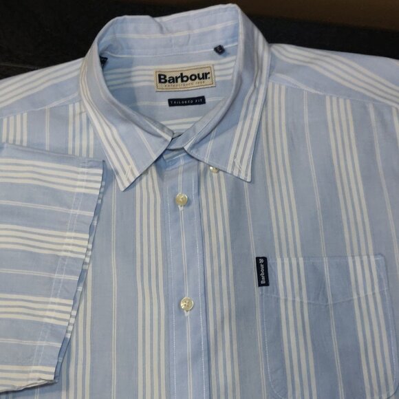 Barbour Blue/White Stripe Tailored Fit Short Sleeve Button Down Shirt MEN US L - Picture 1 of 7